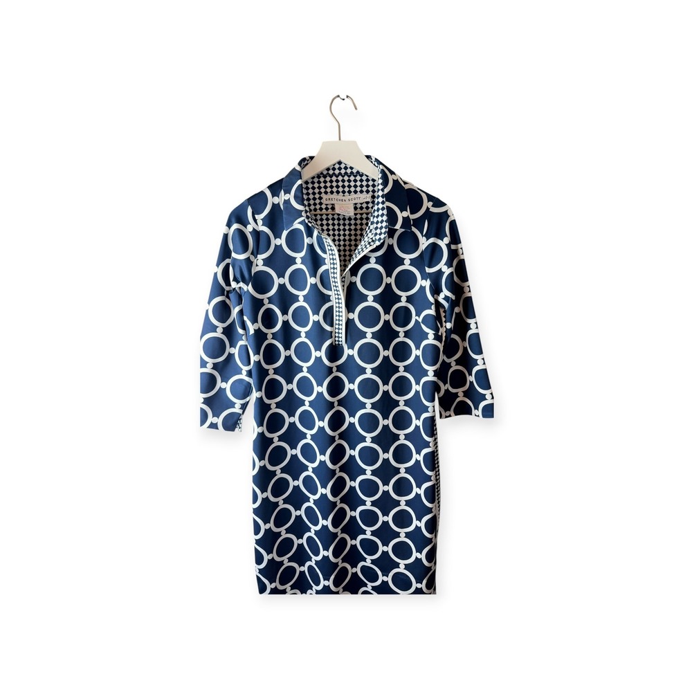 Gretchen Scott Navy White Geometric Circle Print Shift Dress 3/4 Sleeve Large - Picture 2 of 5